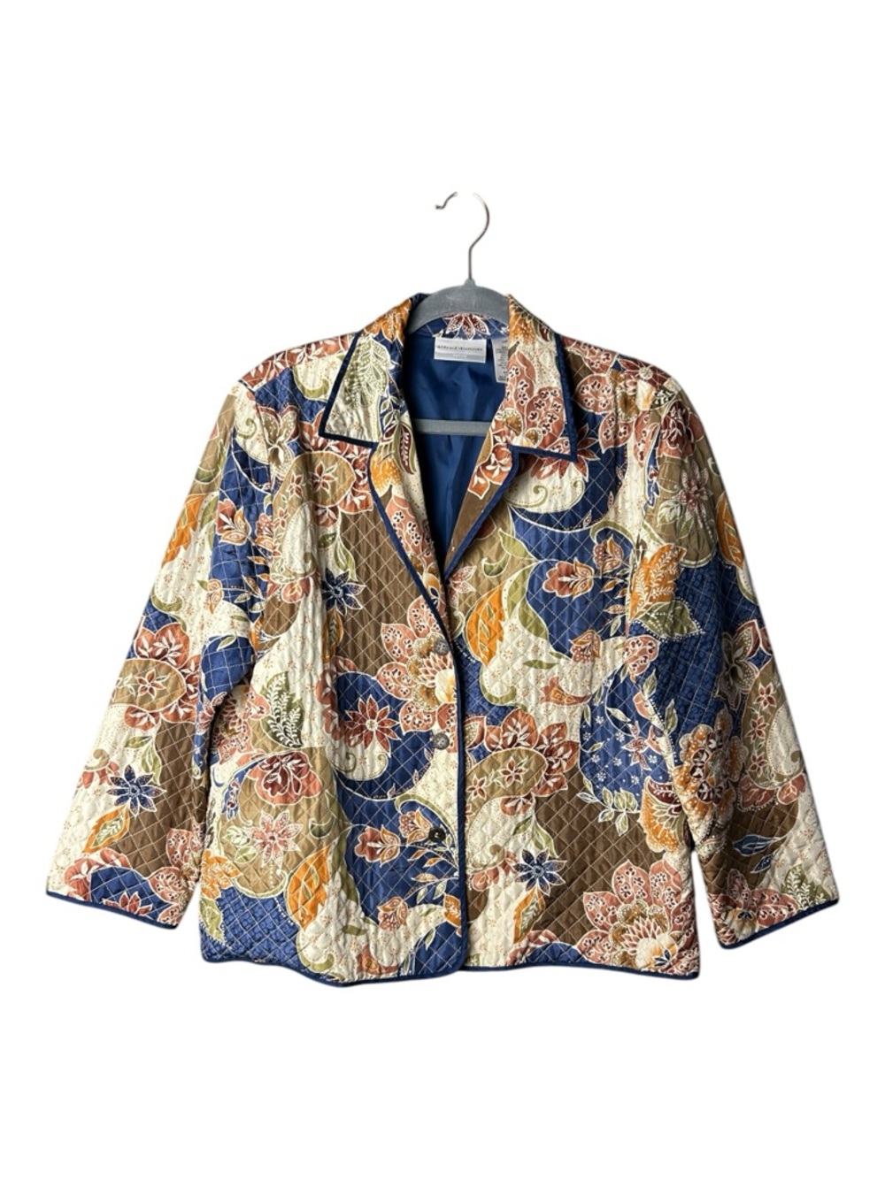Alfred Dunner Quilted Floral Bomber Silk Jacket in Blue, Brown & Cream 14P